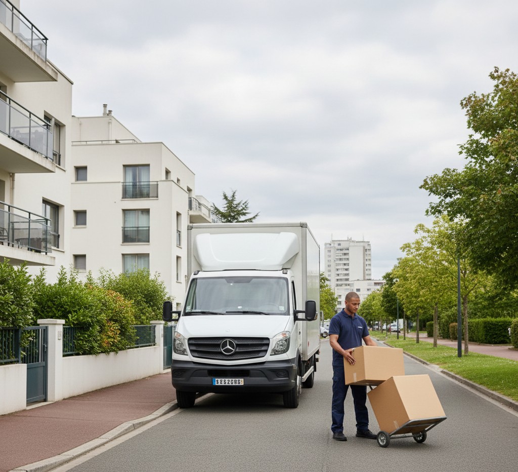 Camion de demenagement dans rue residentielle de Clamart avec demenageur professionnel
