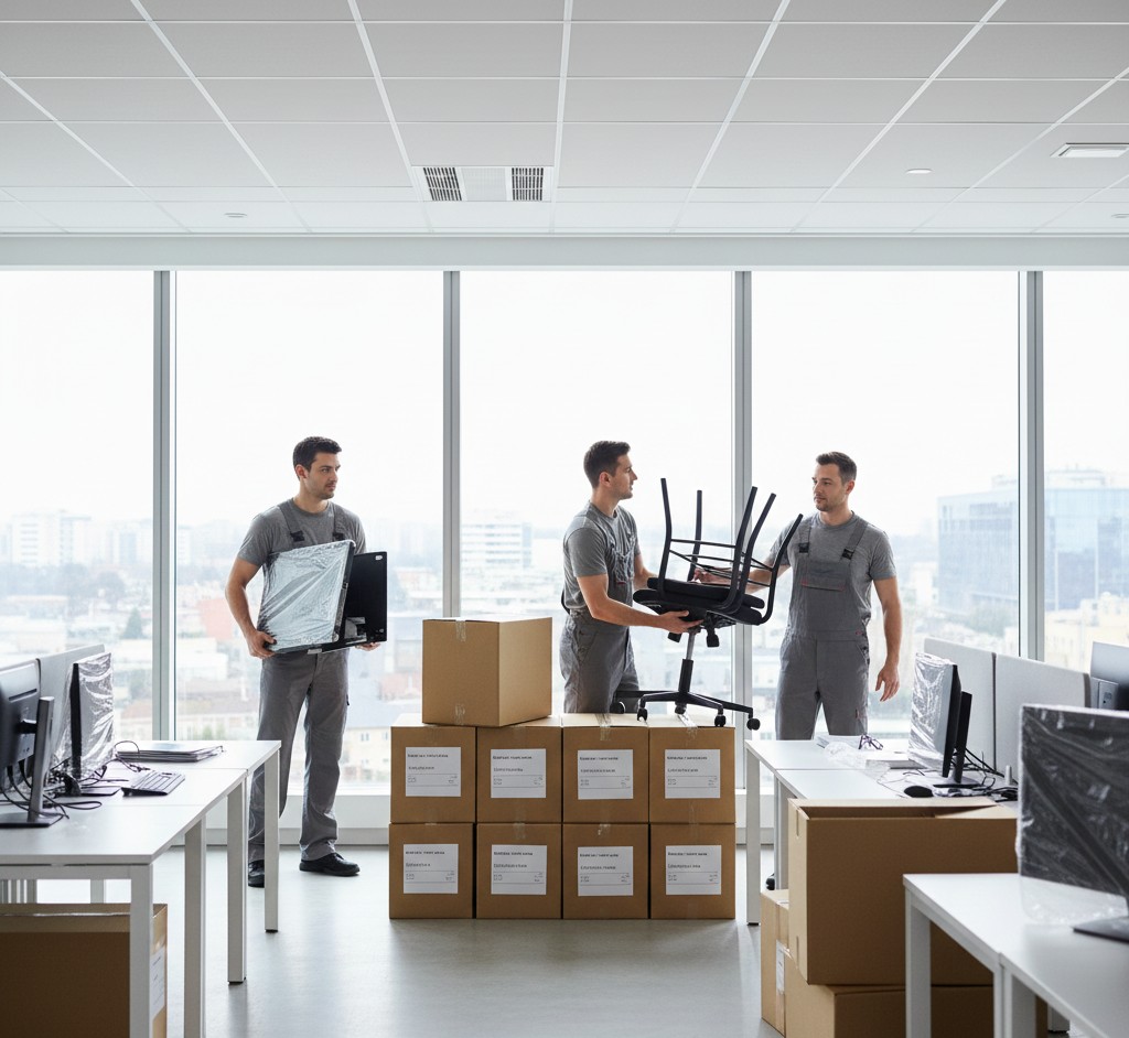 Bureau professionnel en transfert avec cartons archives et materiel informatique