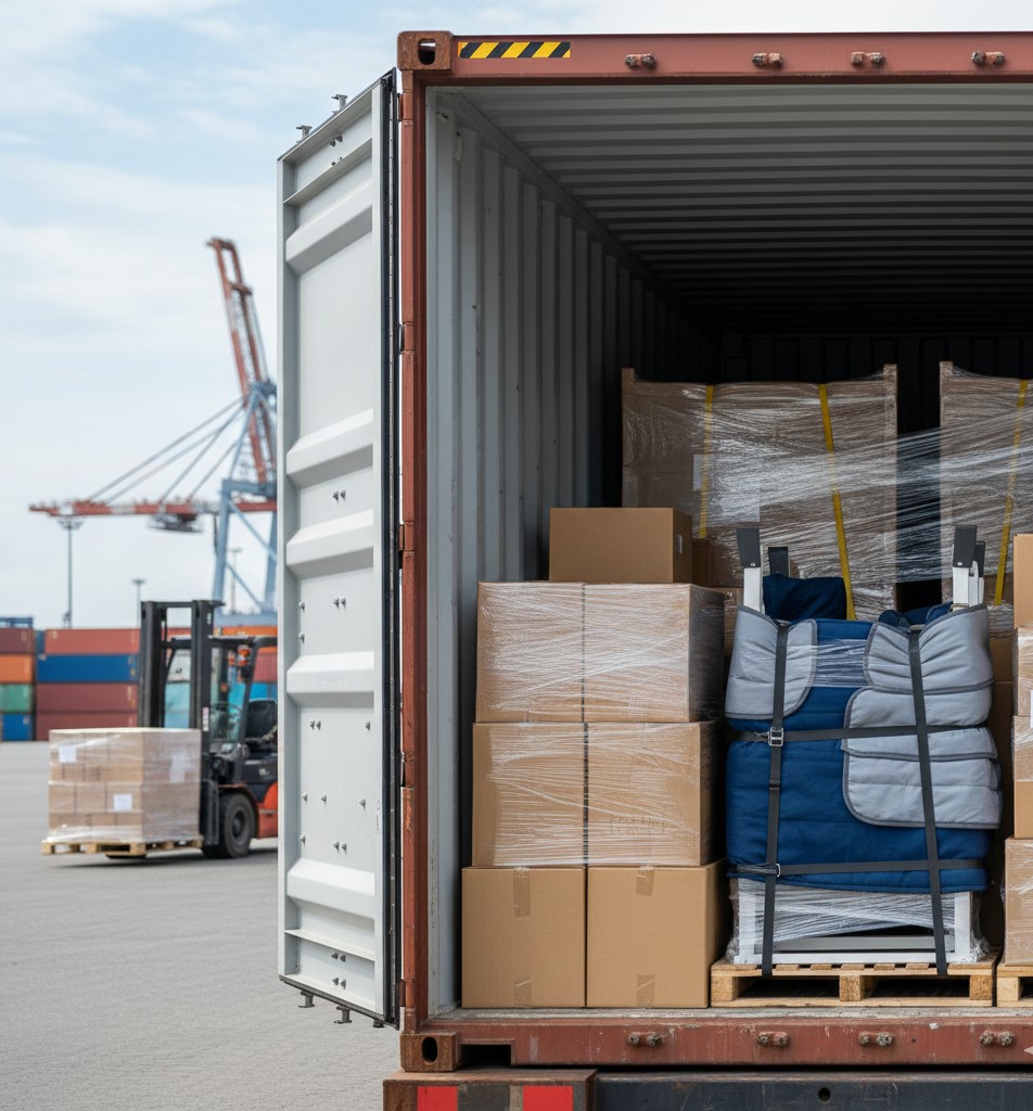 Conteneur maritime chargement avec meubles cartons proteges port