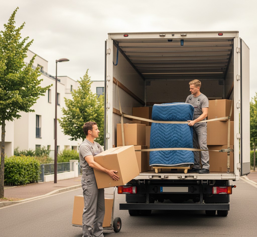Demenageurs chargeant camion pour famille a Clamart avec meubles emballes