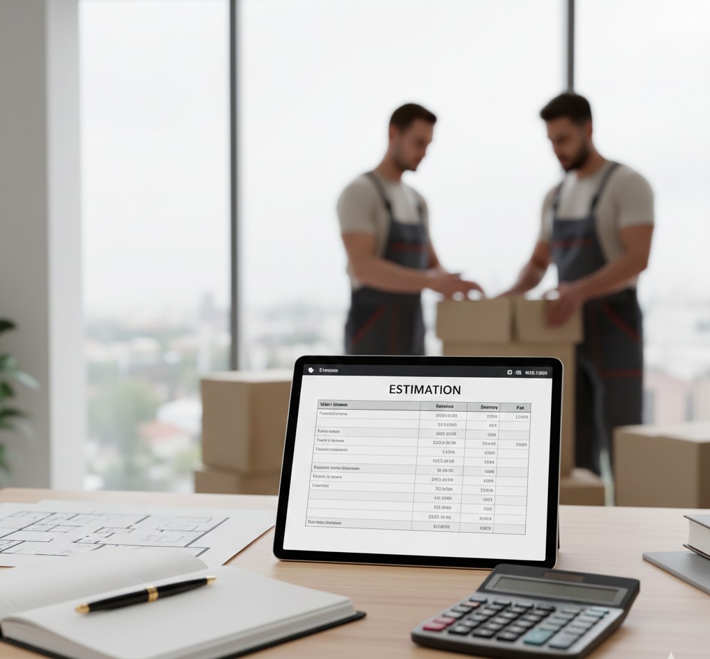 Document estimation demenagement sur tablette avec calculatrice sur bureau