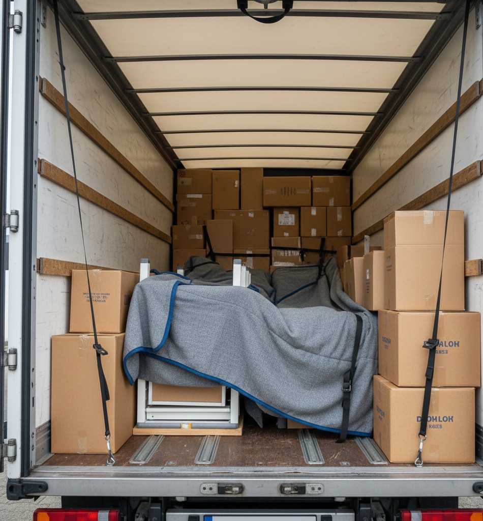 Interieur camion demenagement avec cartons empiles et meubles proteges par couvertures