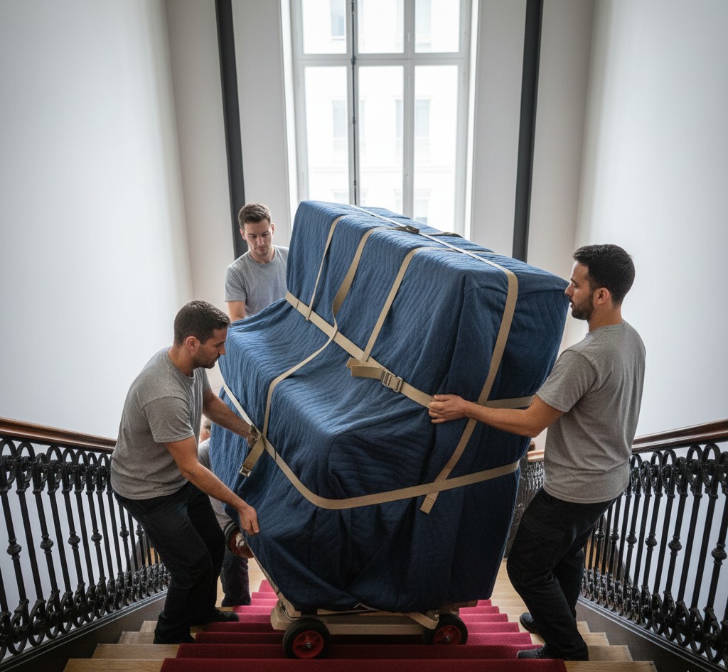 Piano droit protege par couvertures avec demenageurs specialistes Clamart